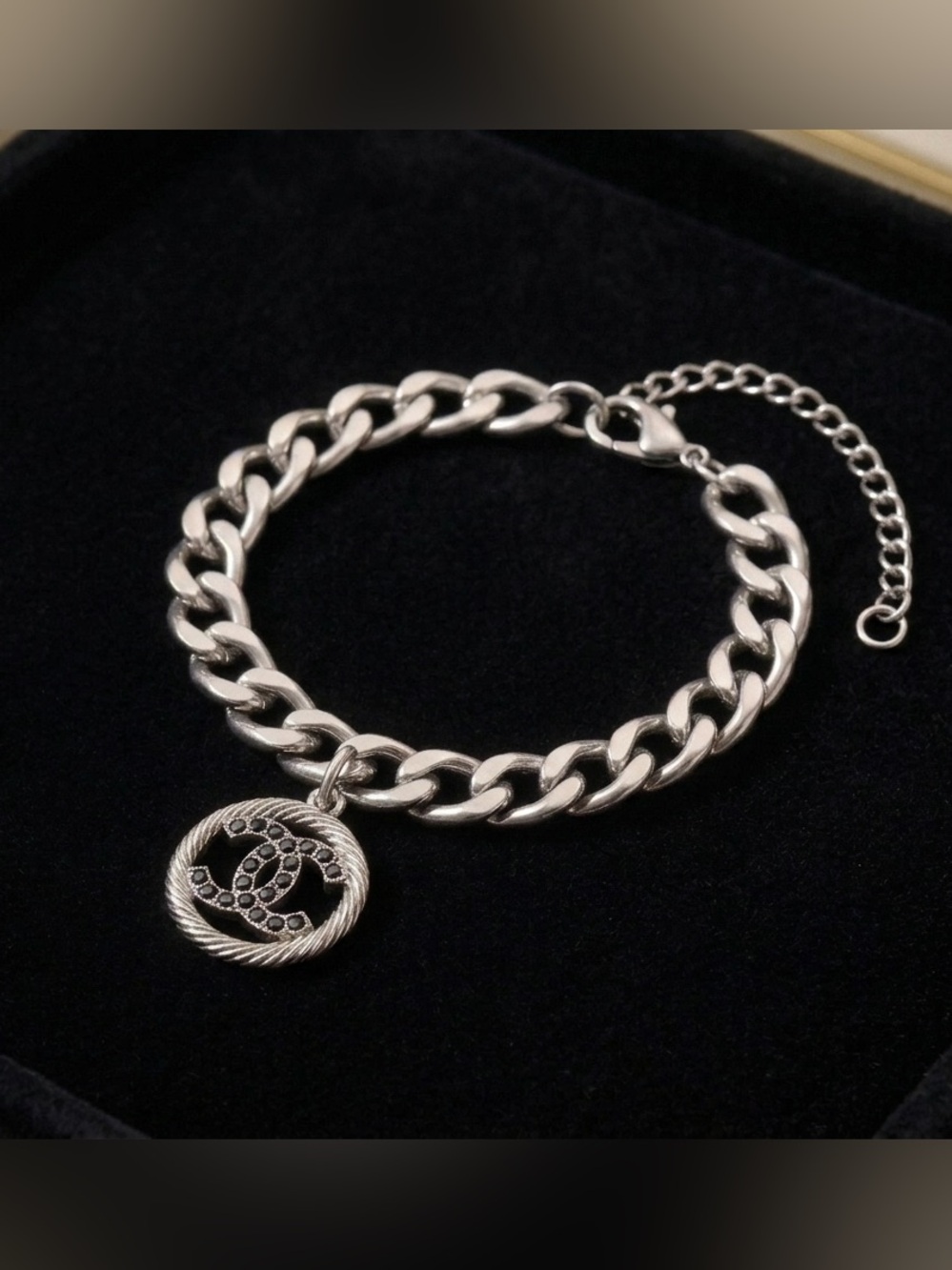 Silver Tone Chain Bracelet with Interlocking C Charm with Black Crystals
